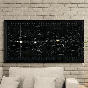 May include: A framed black and white star chart hangs above a light gray sofa with two matching pillows. A small, white, egg-shaped lamp with black legs sits on a wooden side table. A potted plant with a tall trunk and green leaves is to the right.
