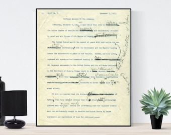 FDR Art Print | A Day Which Will Live In Infamy Original Draft | Franklin Delano Roosevelt | Attack On Pearl Harbor World War 2 Reproduction