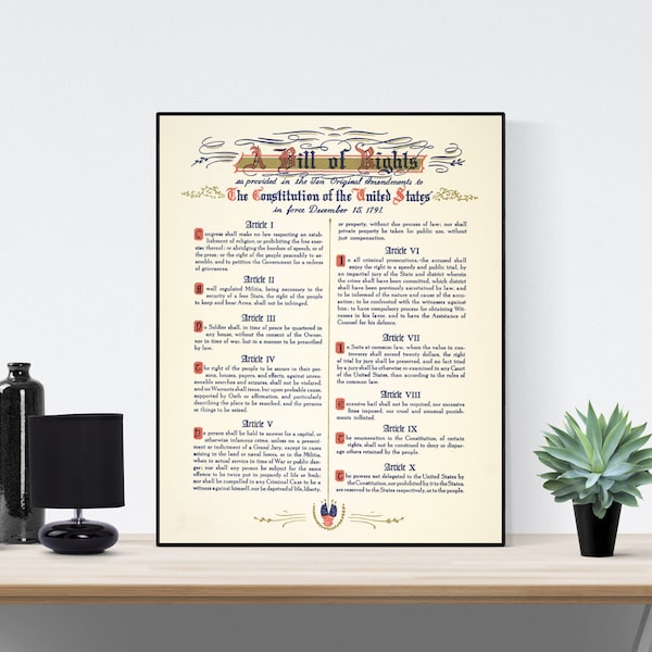 The Bill of Rights | American Revolution | United States Constitution | George Washington | Thomas Jefferson | Art Print