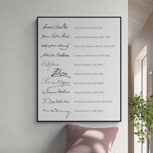 Impressão artística com assinatura de compositor clássico | Vivaldi, Bach, Mozart, Beethoven, Wagner e mais | Decoração para casa | Arte de parede com história da música sem moldura