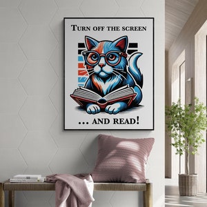 Poster kattenlezing | Schakel het scherm uit en lees | Nationale Bibliotheekweek | Woondecoraties | Woonkamer | Slaapkamer | Literaire kunstafdruk