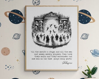 Shakespeare Quote Art Print | All The World&#39;s A Stage from As You Like It | Literary Home Decor | Living Room Artwork | Poster