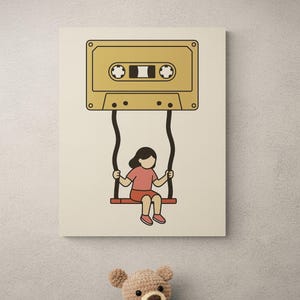 Impresión musical retro / Chica en un columpio con casete / Mixtape infantil / Sala de estar / Decoración beige para el hogar / Arte mural de historia de la música sin marco
