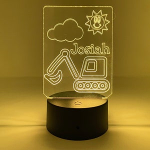 Personalized Excavator Night Light for Kids – Custom Name LED Acrylic Sign with Remote – Construction Truck Nightlight for Children