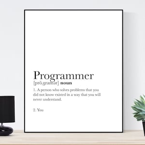 May include: A framed print with the definition of "Programmer" in black text. The print is on a light wood table with a black lamp, a decorative black jar, a black bottle, and a small potted succulent.