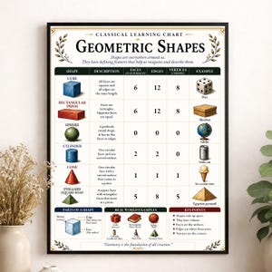 May include: A framed educational wall chart titled Classical Learning Chart Geometric Shapes. The poster features a table defining faces, edges, and vertices for a cube, rectangular prism, sphere, cylinder, cone, and square-based pyramid.
