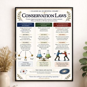 Peut inclure: Une affiche éducative encadrée intitulée Classical Learning Chart: Conservation Laws. Elle détaille la conservation de l'énergie, de la masse et de la quantité de mouvement avec du texte, des schémas de pendule, une balance et des patineurs.