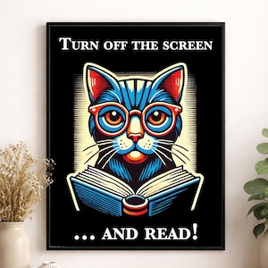 Schwarze Katze lesend Kunstdruck | Auf dem Bildschirm ausschalten und lesen | Woche der Nationalbibliothek | Wohnkultur | Wohnzimmer | Schlafzimmer | Literarisches Geschenk