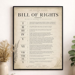 May include: A framed wall print featuring the United States Bill of Rights with the first ten amendments to the Constitution. The document has a vintage-style beige background with black text and decorative botanical illustrations on the sides.