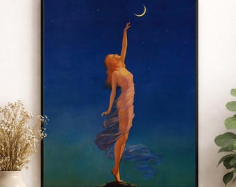 Reaching for the Moon Painting Art Print | Edward Mason Eggleston | Vintage Home Decor | Art Deco Moon | Reproduction Poster