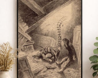 May include: A charcoal-style drawing in a black frame depicting a dark, interior scene with a figure lying on the floor and a long, segmented, tentacle-like structure extending upward from their torso toward a beam in the ceiling.