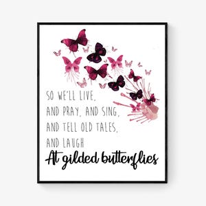 Impresión artística con cita de Shakespeare / Viviremos, rezaremos y cantaremos / Mariposas doradas / / El rey Lear / Literario / Póster