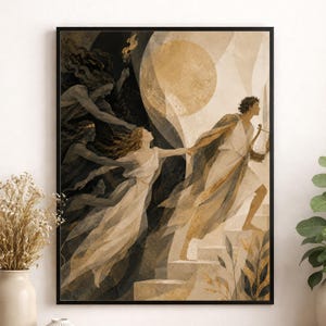 May include: A framed wall art print depicting a mythological scene with a figure in a white robe holding a lyre, leading another figure in a white dress up stone stairs. Dark, shadowy figures follow behind against a backdrop of a large golden moon.