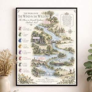 May include: A framed literary map titled The World of The Wind in the Willows, featuring a detailed illustration of the River Thames, labelled locations, and a character guide with silhouettes of a mole, rat, toad, badger, otter, weasels, and fox.