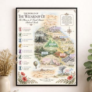 May include: A framed map print titled The World of The Wizard of Oz, featuring illustrations of locations like Emerald City, Munchkinland, and Kansas. The map includes character silhouettes, a compass rose, and the quote There is no place like home.