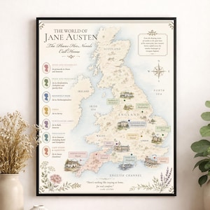 Jane Austen Books Map Art Print, Jane Austen Literary Wall Artwork, England Home Decor, Library Gift, Classic Novel Poster