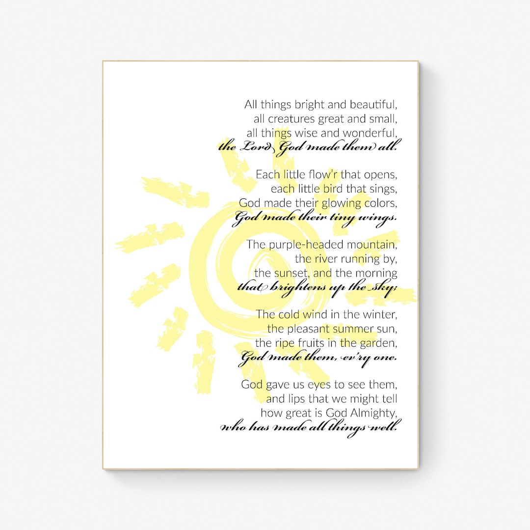 All Things Bright and Beautiful Lyrics Wall Art Perfect Gift for Nature Lovers and Music