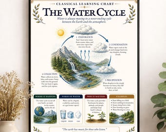 The Water Cycle Chart Wall Art Print, Classical Learning Poster, Teacher Classroom Reference, Homeschool, Science Meteorology Room Decor