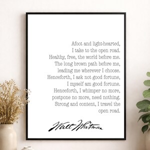 Walt Whitman citat väggkonsttryck | Stark och nöjd reser jag den öppna vägen | Minimalistisk poesikonstverk | Heminredning | Motiverande poster