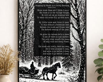 Robert Frost citat konsttryck | Stanna vid skogen på en snöig kväll | Poesi | Litterär bok | Inspirerande | Motiverande skiss affisch