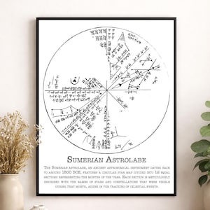 May include: A framed black and white print featuring a circular Sumerian astrolabe diagram divided into twelve sections with cuneiform inscriptions. Below the diagram, the text reads Sumerian Astrolabe followed by a descriptive historical paragraph.