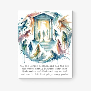 All The World&#39;s A Stage | As You Like It by William Shakespeare | Living Room Home Decor | Actors | Rainbow Watercolor Sketch Art Print