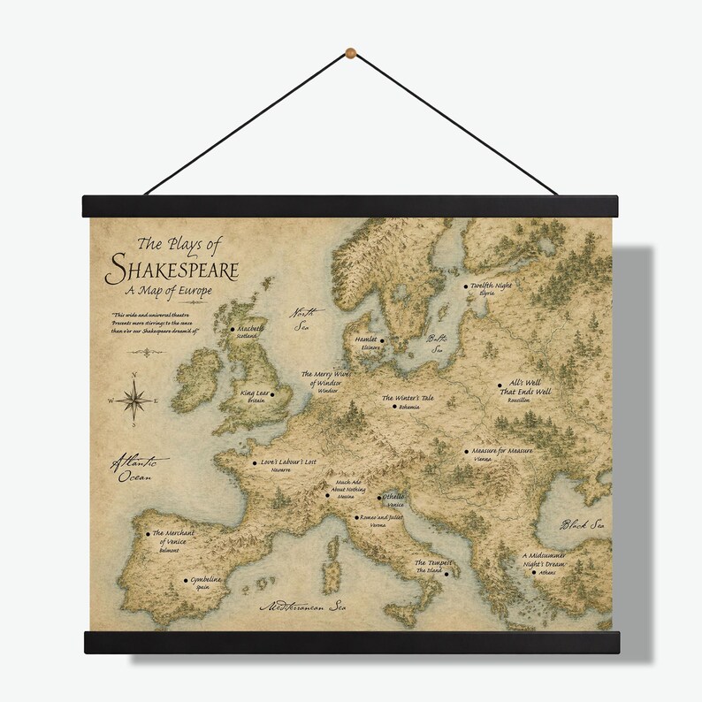 Shakespeare Plays Map of Europe Wall Art Print | Literary Poster | English Teacher Gift | Classroom Home Decor Hanging Canvas