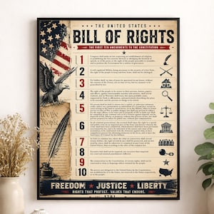 Bill of Rights Wall Art Print | American Constitutional Amendments | Historical Americana | Civics Classroom | Freedom Patriotic Home Decor