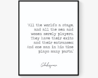 All The World's A Stage Art Print | Shakespeare Quote | Literature Literary | As You Like It | Home Wall Decor | Typography Poster