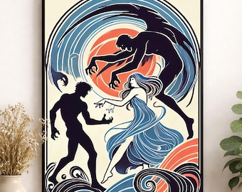 Orpheus and Eurydice Art Print | Ancient Greek Mythology | Lovers Tragedy Myth | Literary | Living Room | Home Decor | Poster