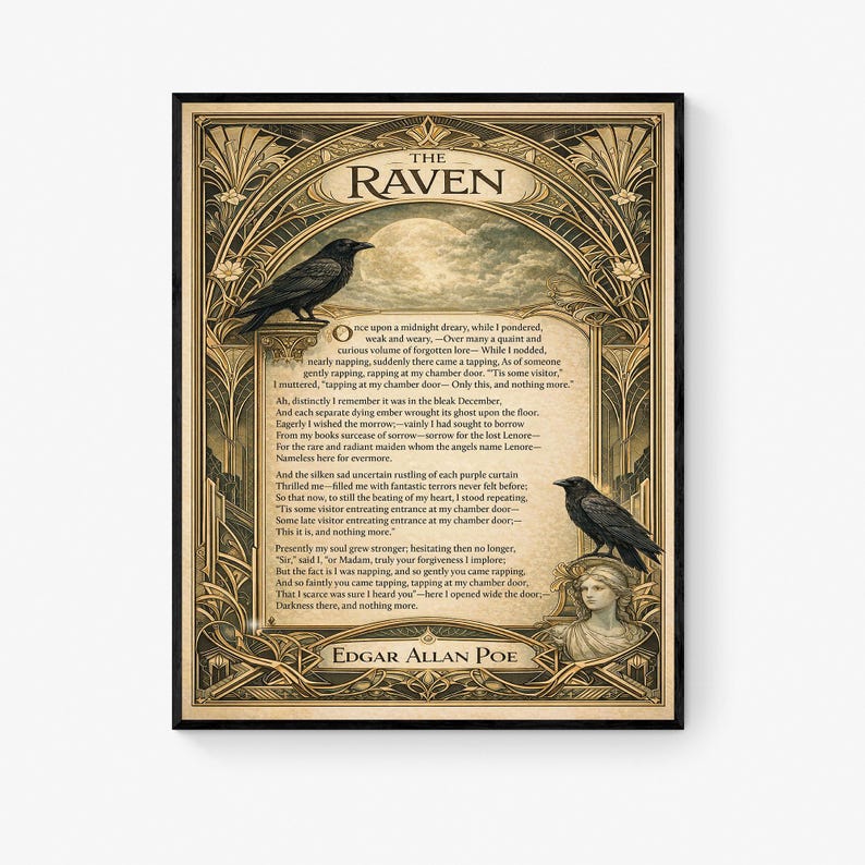 Edgar Allan Raven konsttryck | Amerikansk gotisk poesi | Litterär | Heminredning | Klassisk diktaffisch Black Frame