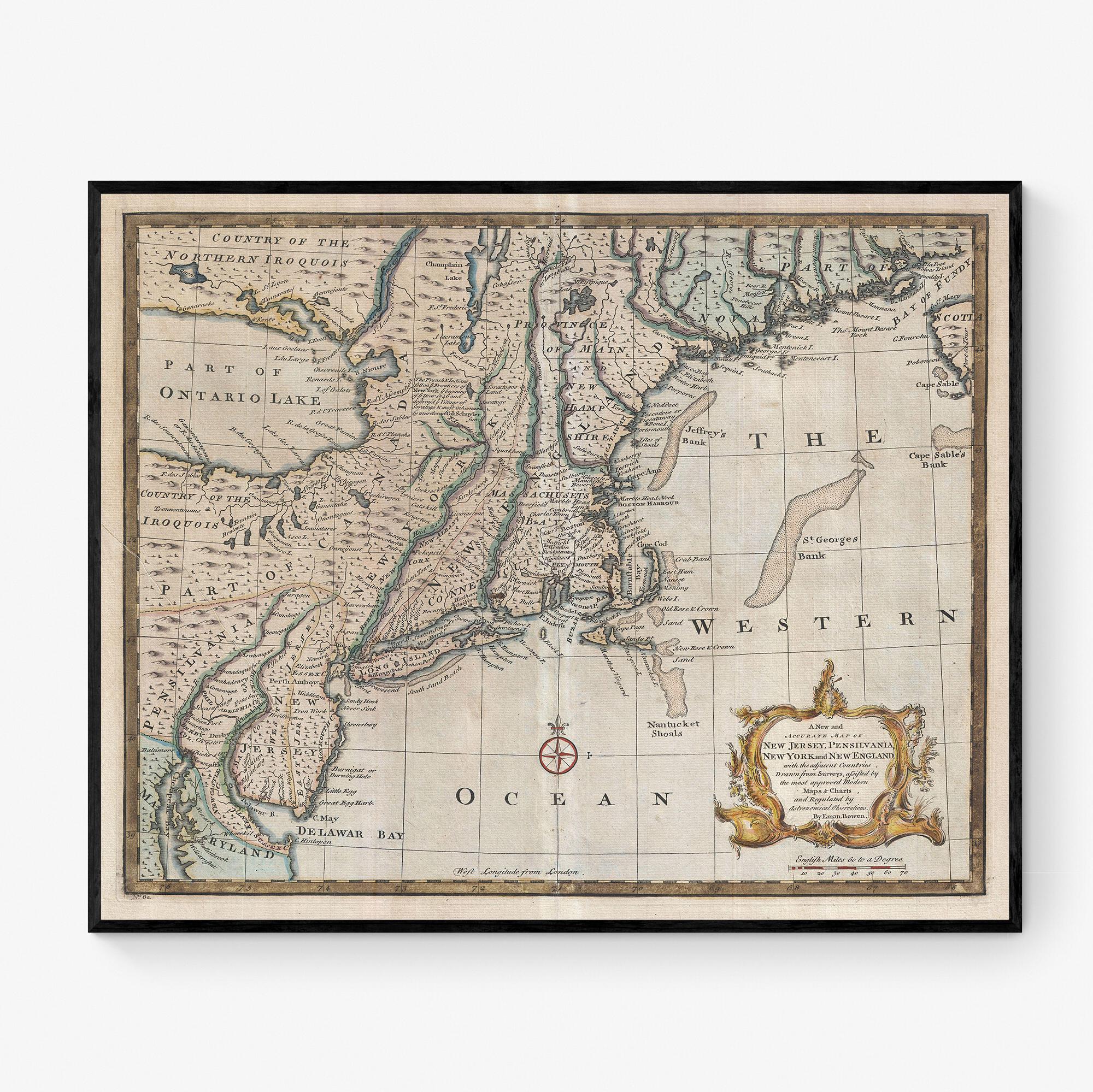 Colonial America Map Wall Art Print, Vintage New England Map, Antique ...
