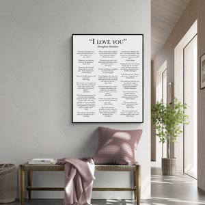 May include: A rectangular wall art print featuring the title I LOVE YOU throughout literature in black text on a white background. The print contains multiple literary quotes about love, each attributed to a specific author, arranged in columns.