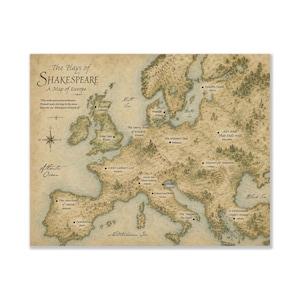 Shakespeare Plays Map of Europe Wall Art Print | Literary Poster | English Teacher Gift | Classroom Home Decor Unframed