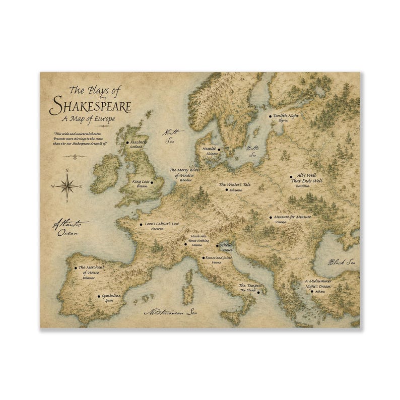 Shakespeare Plays Map of Europe Wall Art Print | Literary Poster | English Teacher Gift | Classroom Home Decor Unframed