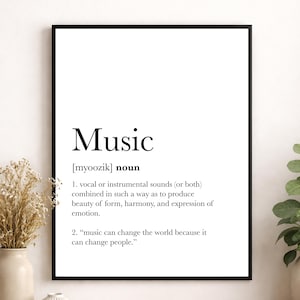 Lámina decorativa con definición de música, arte mural con tipografía minimalista, decoración literaria neutra, regalo para amantes de la música, póster de diccionario moderno.