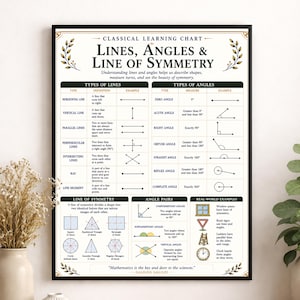 May include: A framed educational poster titled Classical Learning Chart: Lines, Angles & Line of Symmetry. The chart features tables defining types of lines, angles, line of symmetry, angle pairs, and real-world examples with diagrams and text.