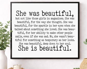 She Is Beautiful Wall Art Print | F Scott Fitzgerald Quote | Literary Home Decor | Gift For Her | Vintage Newspaper Poster