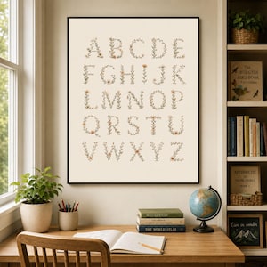 May include: A rectangular wall art print featuring an alphabet where each letter is formed by delicate botanical illustrations of stems, leaves, and small flowers in muted earth tones against a cream-colored background, framed in a thin black border.