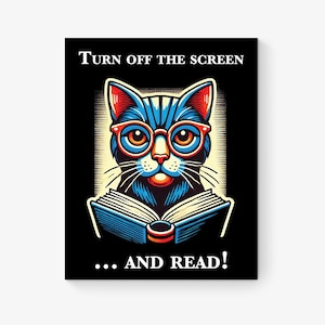 Zwarte kat lezing poster | Schakel het scherm uit en lees | Nationale Bibliotheekweek | Woondecoraties | Woonkamer | Slaapkamer | Literaire kunstafdruk