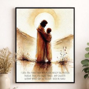 May include: Watercolor print of two figures embracing, set against a warm, sunlit background. The artwork features a figure in a long robe embracing another. The print includes the text: "I LOVE YOU MORE THAN WORDS CAN WIELD THE MATTER: DEARER THAN EYE-SIGHT. SPACE. AND LIBERTY: BEYOND WHAT CAN BE VALUED, RICH OR RARE:"