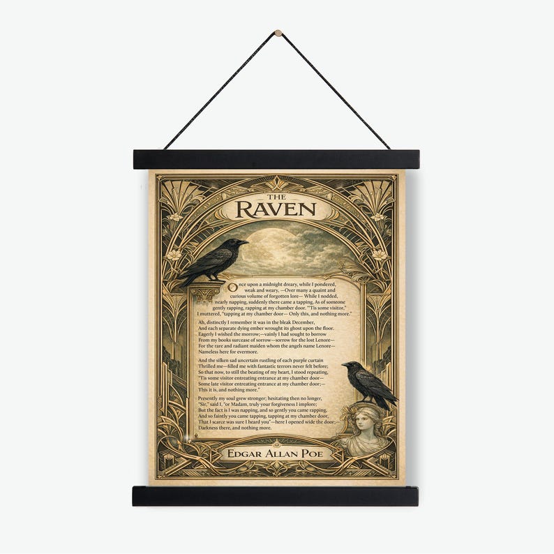 Edgar Allan Raven konsttryck | Amerikansk gotisk poesi | Litterär | Heminredning | Klassisk diktaffisch Hanging Canvas