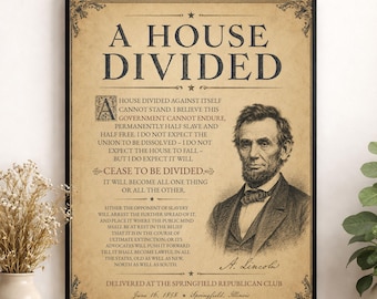 Abraham Lincoln Haus Geteilte Rede Wand Kunst Druck | Amerikanischer Bürgerkrieg | Historische Americana | Vintage Bunt | Beige Wohnkultur
