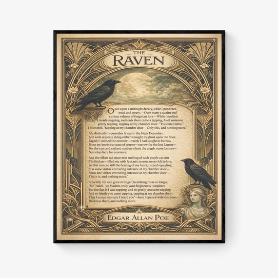 Edgar Allan Raven Art Print | American Gothic Poetry | Literary | Home Decor | Classic Poem Poster