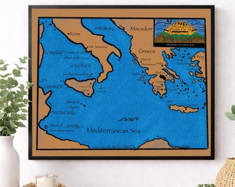 Odyssey Art Print | Map of Odysseus Journey | Ancient Greek Mythology | Literary | Homer's Epic Adventure Myth | Home Decor Poster