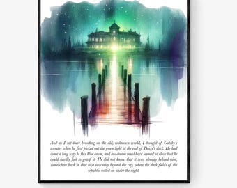 Lámina artística con cita de El Gran Gatsby / Luz verde al final del muelle de Daisy / F. Scott Fitzgerald / Decoración literaria para el hogar / Póster de acuarela