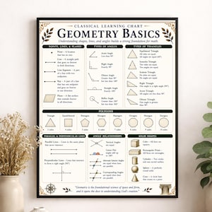 Puede incluir: Un póster educativo enmarcado titulado "Geometry Basics" con un borde negro. El gráfico explica puntos, líneas, ángulos y formas. El texto incluye "Comprender formas, líneas y ángulos construye una base sólida para las matemáticas."