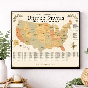 Verenigde Staten hoofdsteden kaart grafiek kunst aan de muur print, klassiek leren poster, leraar aardrijkskunde klas referentie, homeschool, kamer decor