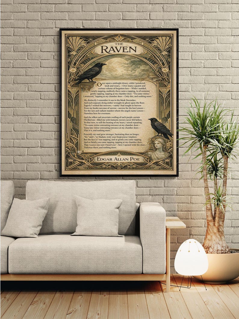 Edgar Allan Raven konsttryck | Amerikansk gotisk poesi | Litterär | Heminredning | Klassisk diktaffisch bild 15