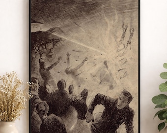 May include: A framed charcoal-style drawing on paper depicting a chaotic scene with multiple figures in motion. The artwork features dark, expressive lines showing people reacting to a bright, central light source, with a black frame.